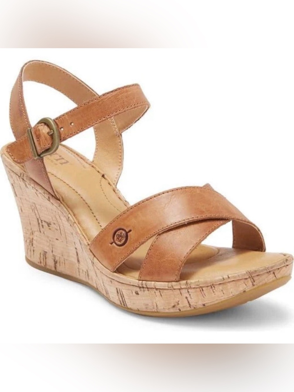 NWT Born Cognac Leather Cork Wedge Sandals Alaina